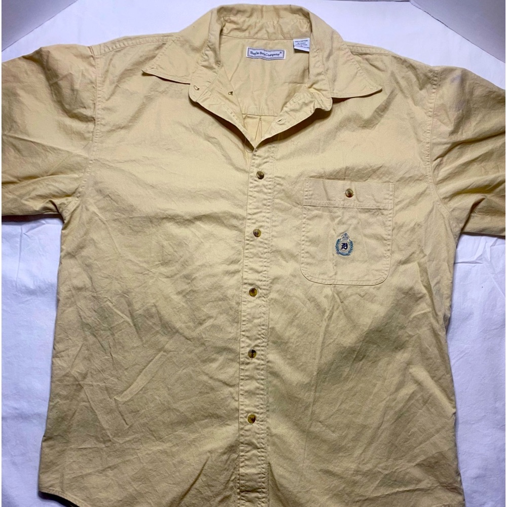 Vintage Bugle Boy Company Shirt Large Beige Button Up Crest Logo 90s Mens